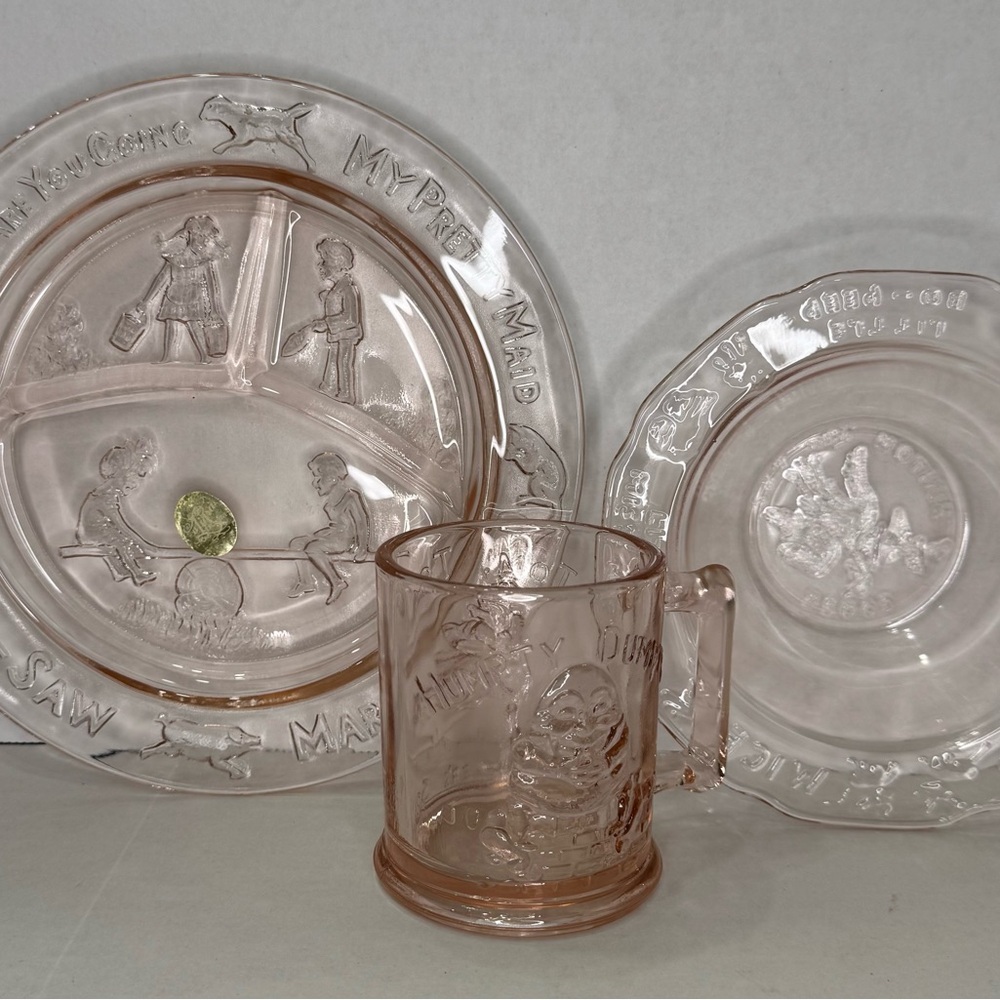Vintage Depression Glass Children's Dinnerware Set “Nursery Rhyme Pink”